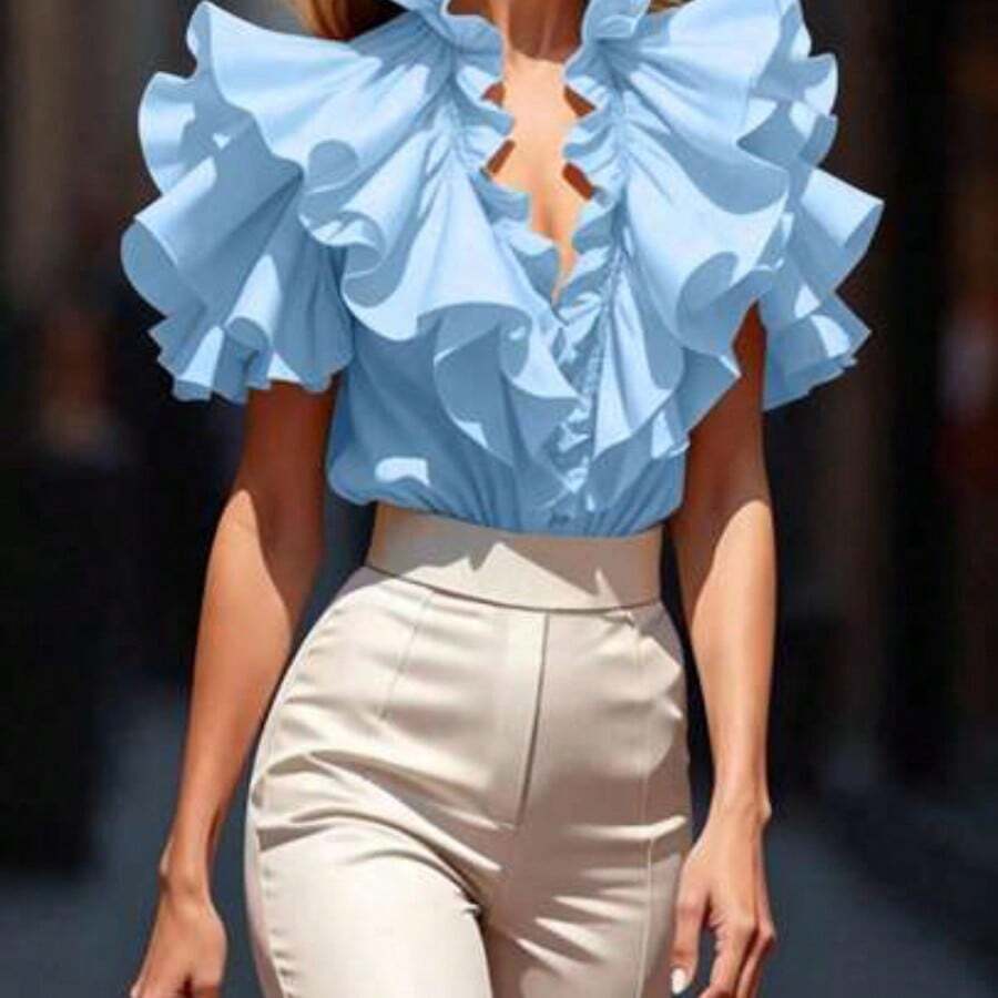Fashion Women's Clothing Blusa elegante de unicolor con volantes - Celeste - Ver 1
