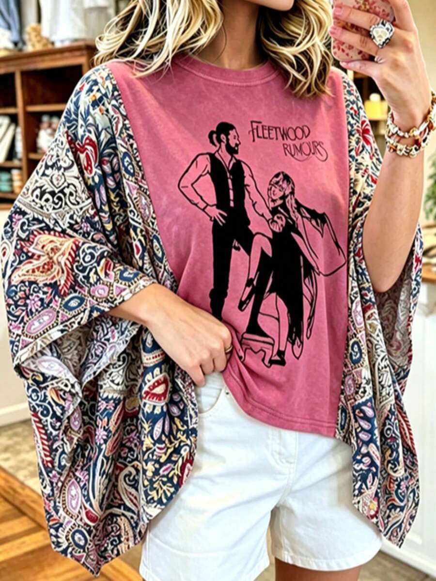 Women's Casual Bohe Graphic Print Paisley Round Neck Batwing Sleeve Top For Women - 彩色 - 查看 1