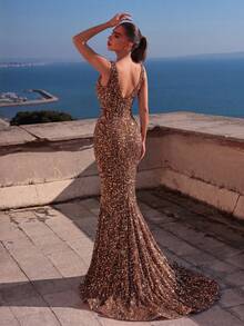 Faeriesty Elegantes Meerjungfrau-Abendkleid mit tiefem V-Ausschnitt - figurbetontes Paillettenkleid mit hohem Beinschlitz und körperbetonter Silhouette, geeignet für formelle Dinners und Hochzeitspartys - Kaffeebraun - Übersicht 1
