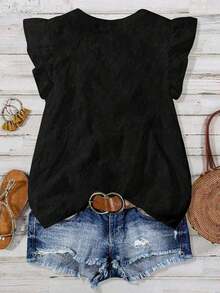 Blusa casual de algodón con estampado, escote en V y mangas con volantes, para vestimenta de resort - Negro - Ver 2