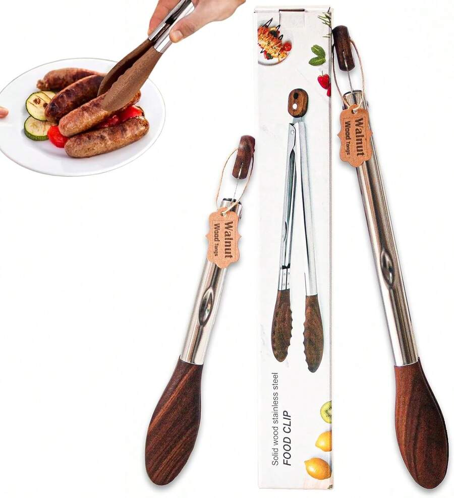 Premium Wooden Tongs For Cooking &Amp; Serving Food, Stainless Steel With Walnut Wood Tip, Anti-Slip Long Handle, Heat Resistant, Smooth Locking &Amp; Hanging Cooking Utensils Set Of 2 (15 And 11.4 Inches) - A - View 1