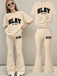 2件組 青少年女孩圓領短袖T恤印有「SLAY」字樣搭配簡約喇叭褲，夏季套裝 - 杏色 - 查看 1