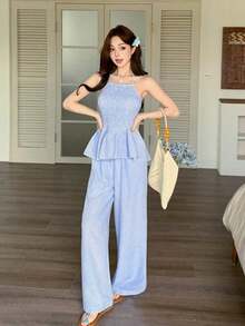 Conjunto de top sin mangas con volantes y espalda descubierta, y pantalones rectos casuales, elegante para ir al trabajo, romántico, playa, vacaciones - Conjunto de ropa de mujer para primavera y verano - Azul - Ver 4
