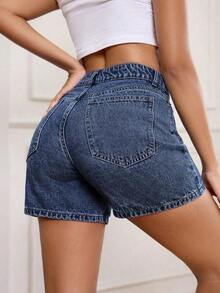 PETITE Pantalones cortos vaqueros de mujer simples y de moda, apropiados para el verano - Azul lavado oscuro 2 - Ver 2
