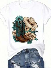 Camiseta de estilo occidental para mujer con estampado de botas, sombrero y flores, corte holgado, cuello redondo, manga corta, estilo casual para primavera-verano. - Blanco - Ver 4