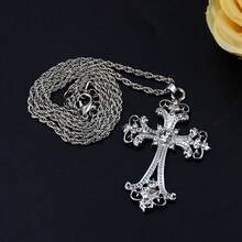 1pc Vintage European & American Cross Pendant Necklace, Inlaid With Rhinestones, Baroque Floral Pattern, Classical Religious Jewelry Cross Necklace - Pendant Necklace - View 4