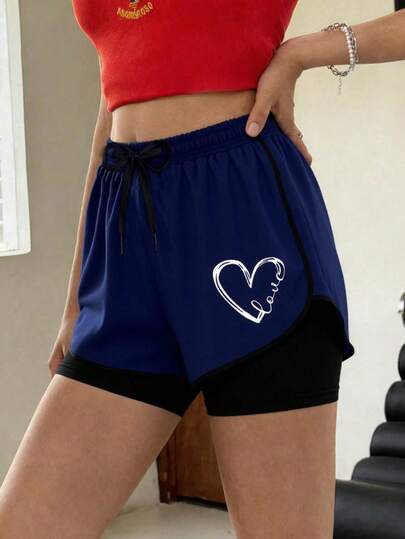 Quần short nữ họa tiết trái tim, cạp chun, thích hợp cho tiệc bể bơi, kỳ nghỉ biển, tập yoga, mặc hàng ngày trong mùa hè và các hoạt động thể thao.
