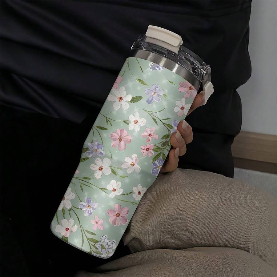 1個/5個 30盎司 薄荷綠蝴蝶與花卉主題不鏽鋼保溫隨行杯，甜美田園少女風設計，全天保持飲品最佳溫度，適用冰咖啡、果汁、燕麥奶