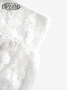 Aflion Women's Summer Autumn Y2K Cream Lace Midi Dress, Layered Ruffle Asymmetrical Hemline Sheer Semi-See-Through Party Dress For Halloween - White - View 6