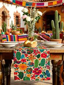 Tropical Flower Cactus Pattern Table Runner, Mexican Style, Modern Home Kitchen Decor, Table Runner Placemat Pillowcase Set, Suitable For Daily Home Kitchen Decoration, Daily Party Decoration. - Multicolor - View 14