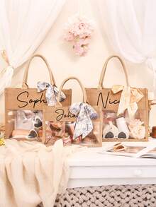 Personalized Bridesmaid Linen Tote Bag With Name, Customized Jute Bag, Letter Print Beach Bag, Monogrammed Gift Bag For Bachelorette Party - Multicolor - View 5