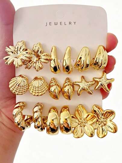 6/18pcs Fashionable Geometric Multi- Golden Metal Flower Earrings Set, Women's Stylish Earring Set, Suitable For Daily Wear (Lightweight CCB Material, No Discoloration/Ear Fatigue)