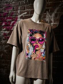 100% Pure Cotton Men's And Women's Universal Style Vintage Washed T-Shirt, Cartoon Girl Fun Red Lipstick Color, Urban Graffiti Portrait - 摩卡棕 - 查看 4