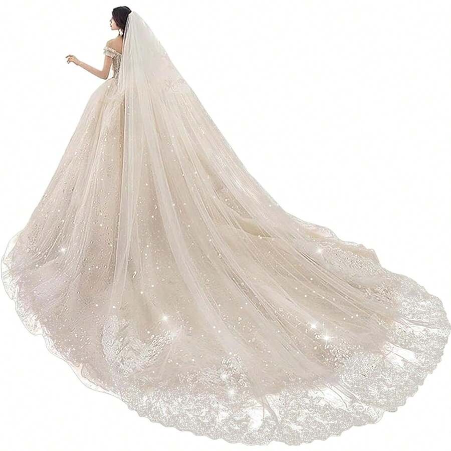 Wedding Veils Cathedral Length 2 Tier Long Sequins Lace Blusher With Comb - Ivory - View 1