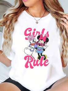 Minnie Mouse And Daisy Duck Girls Rule Print Disney Women T Shirt Round Neck Short Sleeve Casual Daily Wear Summer Outfit Soft Comfortable 220g - trắng - Xem 1