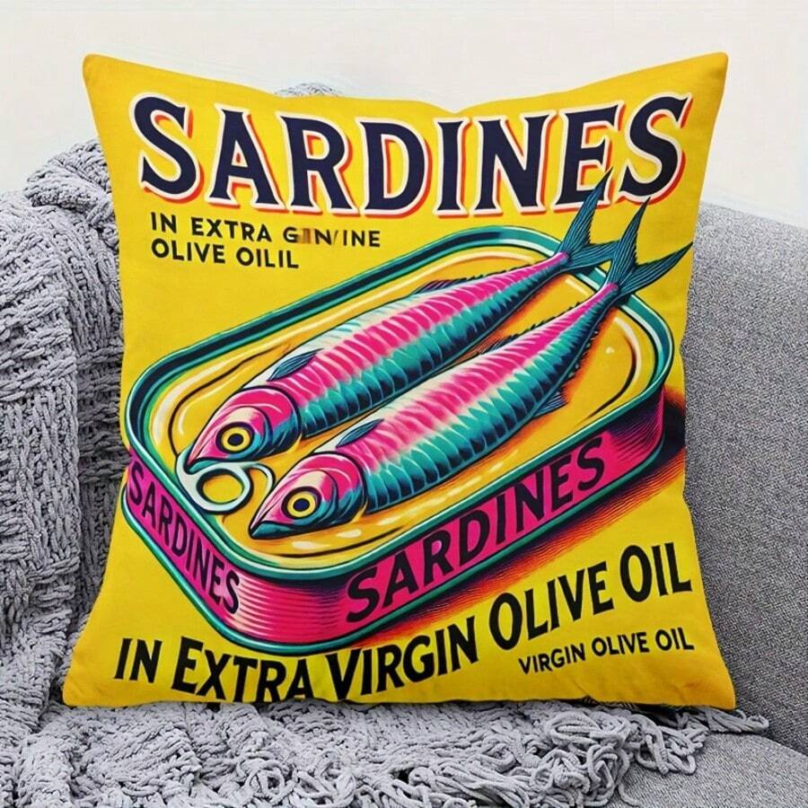 1pc Olive Oil Sardine Pattern Decorative Pillow Case With Hidden Zipper, Suitable For Sofa, Living Room, Office And Home Decor - Machine Washable (Double-Sided Print, Pillow Insert Not Included) - Multicolor - View 1