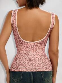 2pcs Women Leopard Print & Solid Color Elastic Rib Knit Camisole, Round Neck Sleeveless Tank Top, Casual Basic Vest - Multicolor - View 4