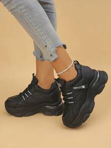 Women's Platform Sneakers, Casual Lace-Up Letter Print Sporty Trainers, Suitable For Spring And Autumn - Black - View 3