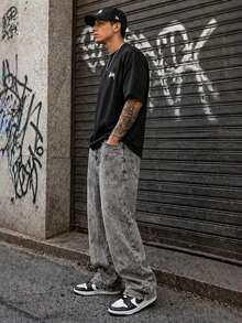Baggy Jeans, Wide-Leg Balloon Pants, Straight Cut, Carpenter Style, Unisex - Stone Gray - View 2