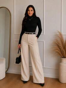 Elegant Women's Winter 2-Piece Set With High-Neck Long-Sleeve Bodysuit And Tailored Trousers + Belt - Winter Fashion - 黑色褲子 米色 - 查看 4
