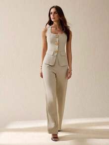 Tall Conjunto de 2 piezas de chaleco y pantalones de unicolor elegante para commuter for mujeres - Caqui - Ver 5