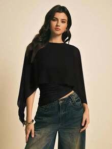 Blusa elegante de mujer con cuello de chal de unicolor - Negro - Ver 6