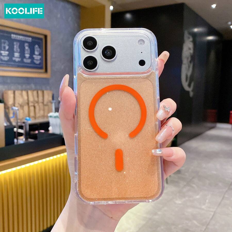 حافظة هاتف مغناطيسية برتقالية اللون مع بريق من شركة Koolife، غطاء واقي مقاوم للصدمات مكون من بي سي وتي بي يو، إطار شفاف مع نهاية لامعة بالبريق، متوافقة مع MagSafe، متوافقة مع أجهزة آبل 17/17 برو/17 برو ماكس/16/15