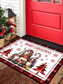 1pc Christmas Decorative Floor Mat 40x60cm, 50x80cm, 40x120cm, Pattern With Christmas Gnomes, Snowflakes, Christmas Trees And Gift Boxes, Red And Black Buffalo Plaid Border, Suitable For Holiday Home Decor, Entryway, Bathroom And Kitchen - Multicolor - View 9