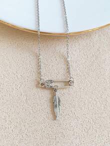 1pc Fashionable Stainless Steel Safety Pin Pendant Necklace, Original Design For Women - Brooch Feather - View 8