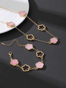 1 Set Delicate Elegant Hollow Sparkling Sweet Pink Clover Girl Bracelet & Necklace Jewelry Set - Pink - View 3