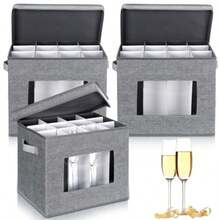 Norme - Paquete de 3 cajas de almacenamiento para copas de vino con divisores 12 compartimentos caja de almacenamiento de vajilla de champaña con mango de tapa ventana organizador de contenedores - Gris - Ver 2