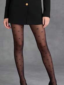 1 par Meia-calça Transparente com Estampa de Laço, Moda Feminina Streetwear, Verão Fina e Skinny - Preto - Visão 4