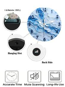 Modern Minimalist Blue Marble-Like Wall Clock - Silent Non-Ticking Wooden Clock With Bold Numerals, Battery-Powered (No Battery Included) - For Living Room, Bedroom, Office, Kitchen - Home Decor Gift For Birthday, Christmas, Housewarming - Compatible With Flat Surfaces, Room Decoration, Contemporary Design, Durable Construction, Stylish Timepiece, Interior Designers, 2D Flat - Multicolor - View 4