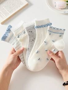 4 pares de calcetines cortos para mujer, estilo minimalista y cómodo, versátiles calcetines cortos con estilo de bosque, calcetines cortos con encaje floral y flores, calcetines casuales para estudiantes, adecuados para vacaciones, uso diario, trabajo, deportes, primavera/verano/otoño, colores aleatorios - Multicolor - Ver 7