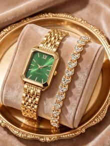 2Pcs/Set Teen Gold Watch & Bracelet Set, Green Dial Rectangle Quartz Watch With Rhinestone Bracelet, For Back To School & Vacation, No Box - Green - View 2