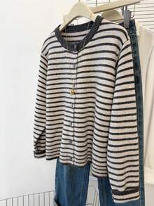 Plus Size Women's Autumn/Winter Striped Knit Cardigan, Round Neck Single-Breasted Long Sleeve, Loose Casual Daily Outerwear - Grey - View 2