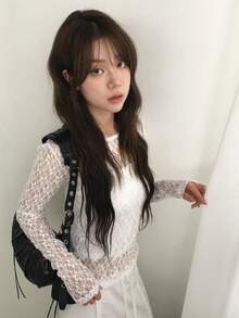 Japanese Style Colorful Lace Hollow Out Elastic Knit Long Sleeve T-Shirt Undershirt, Spring White - White - View 1