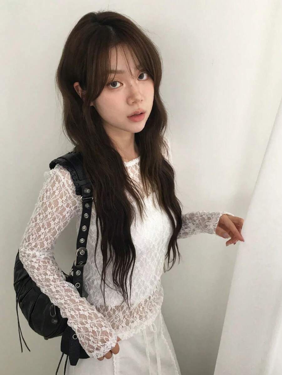 Japanese Style Colorful Lace Hollow Out Elastic Knit Long Sleeve T-Shirt Undershirt, Spring White - White - View 1