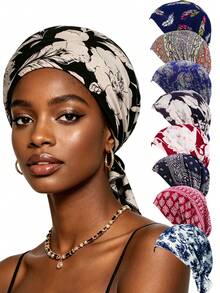 CONFLASS Red Floral Bohemian Style Black & White Floral Pre-Tied Headband - Soft, Comfortable Stretchy Headwrap With Tails, Breathable Hair Care, Suitable For Sleeping, Chemotherapy And Muslim Fashion - Multicolor - View 4