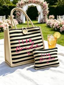 Conjunto de bolso tote y bolso de maquillaje con estampado nupcial - Bolso de hombro mini a rayas negras y blancas - Bolso de almacenamiento de artículos pequeños - Bolso de mano para vacaciones - Bolso de regalo para damas de honor - Perfecto para vacaciones en la playa, natación, compras, fiesta de boda y desplazamiento diario - Regalo perfecto para amigos y familiares - Multicolor - View 6