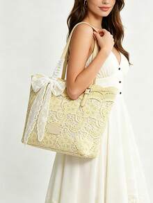 Bolso tote de encaje calado gran capacidad asa de piel regulable lazo de encaje desmontable varios colores mujer diario playa viaje vacaciones regalo - Amarillo - Ver 3