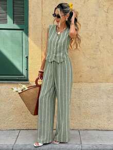 Frenchy Conjunto de 2 piezas de top sin mangas con botones a rayas y pantalones casuales para mujer - Verde - Ver 4