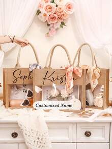 Personalized Bridesmaid Linen Tote Bag With Name, Customized Jute Bag, Letter Print Beach Bag, Monogrammed Gift Bag For Bachelorette Party - Multicolor - View 1