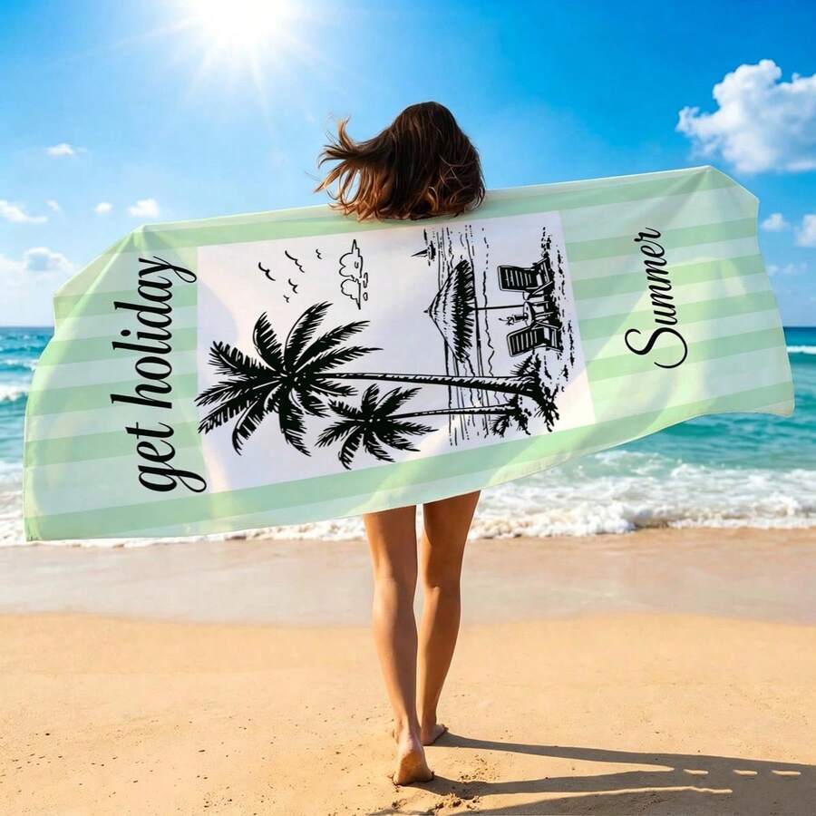 1件薄荷綠條紋椰子樹印花超細纖維沙灘浴巾，多尺寸沙灘毯防曬毛巾，輕量，適合游泳、露營、運動、沙灘或健身房沙灘配件 | 現代沙灘巾 | 耐用沙灘墊，沙灘巾 - 薄荷綠色豎條紋 - 查看 1