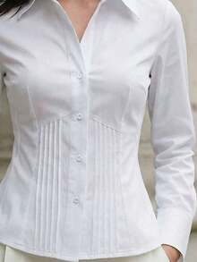 1 pieza Camisa de manga larga de ajuste delgado, elegante y casual con botones de un solo color, adecuada para la oficina, el hogar, el uso diario y las citas, todo el año, color blanco primaveral - Azul cielo - Ver 9