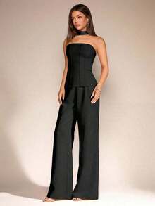 Set de 2 piezas para mujer con top sin mangas de cuello de halter y pantalones largos para el verano, estética de oficina y uso diario - Negro - Ver 5