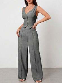 PETITE Conjunto de chaleco sin mangas con cuello abierto y pantalones informales - Gris Claro - Ver 3