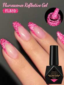 FOUR LILY 1 Bottle Bright Pink Fluorescent Reflective Glitter Gel Nail Polish, 10ml Fluorescent Shiny Glitter Dark Laser Gel Nail Polish, Suitable For Summer Nails, Semi-Permanent Soak-Off UV Gel Nail Polish, Nail Art DIY Home And Hair Salon - 玫瑰紅 - 查看 1