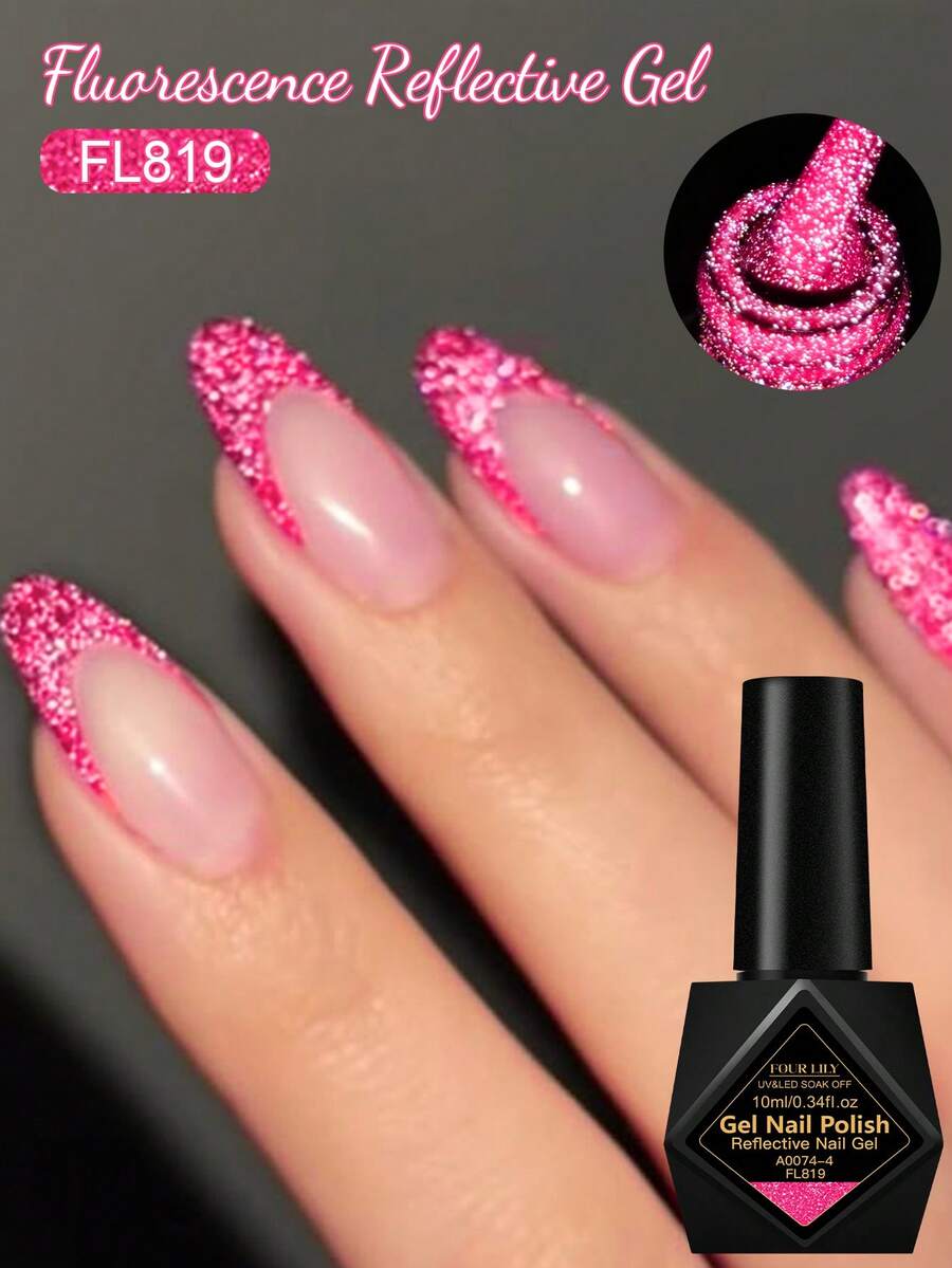 FOUR LILY 1 Bottle Bright Pink Fluorescent Reflective Glitter Gel Nail Polish, 10ml Fluorescent Shiny Glitter Dark Laser Gel Nail Polish, Suitable For Summer Nails, Semi-Permanent Soak-Off UV Gel Nail Polish, Nail Art DIY Home And Hair Salon - 玫瑰紅 - 查看 1