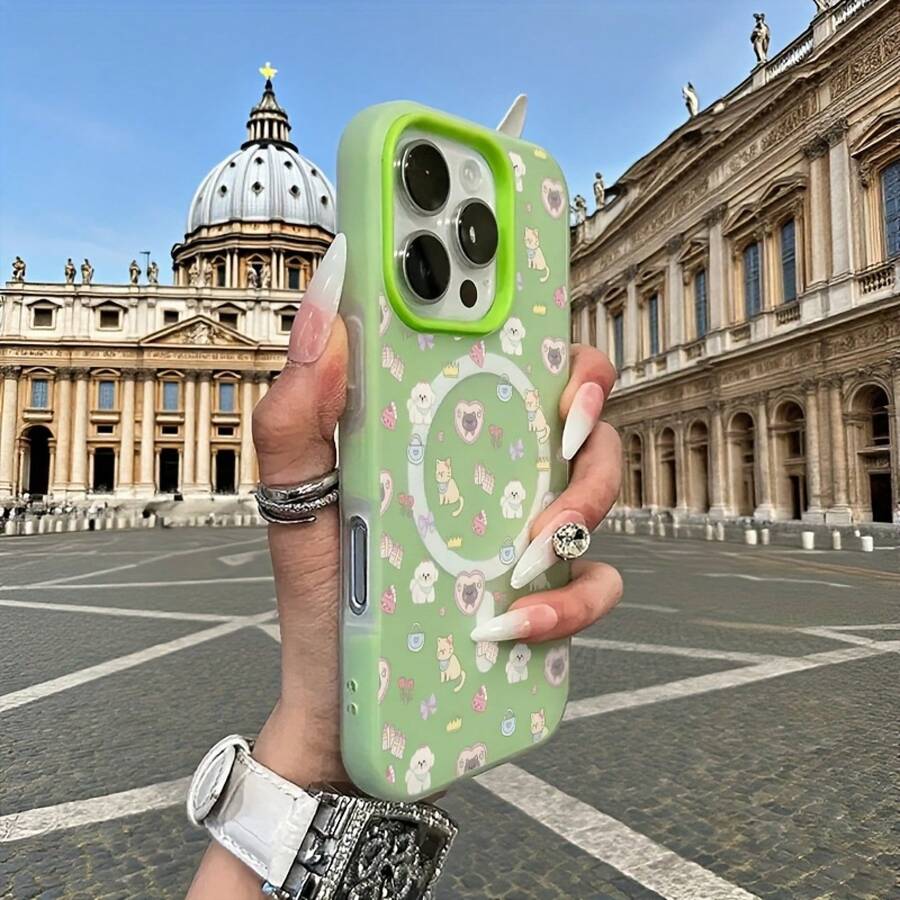 Phone Case - Animal-Themed Mobile Phone Case With A Minimalist Macaron Color And Jelly-Like Texture, Featuring A Two-In-One Magnetic Wireless Charger. Perfect For Halloween, New Year, Christmas, And Easter Gifts For Family And Friends - 綠色 - 查看 1